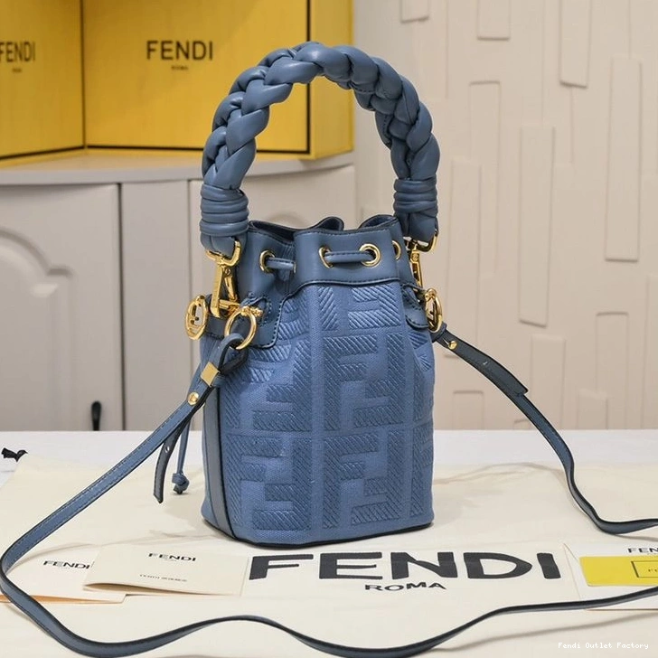 Cheap HOT Blue Motif Woven Bag Bucket with FF Fendi In Mon Tresor Handle Mini Canvas 0816